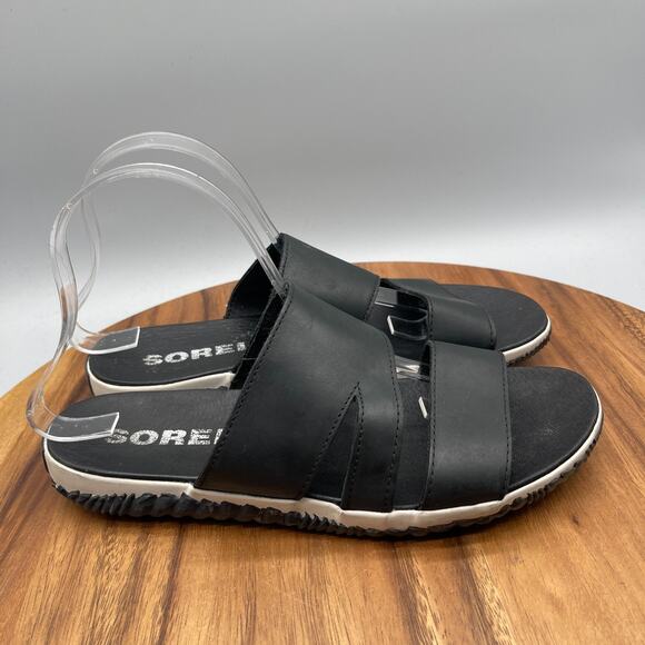 Sorel Out N About Plus Sandals Womens Size 9 Black Leather CAsual Comfort Slides - Picture 1 of 8